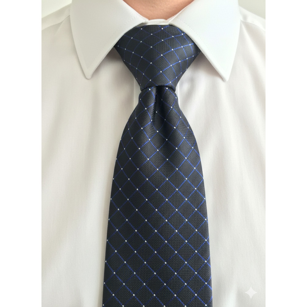Tommy Hilfiger black blue white grid plaid silk tie - 56.5"